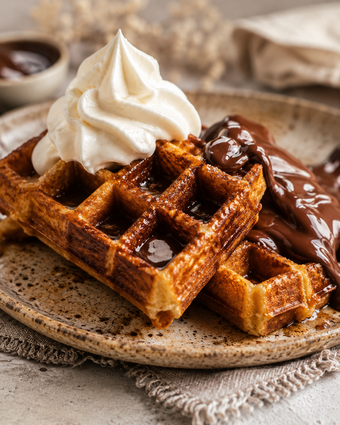 Gaufre gourmande avec crème et chocolat
